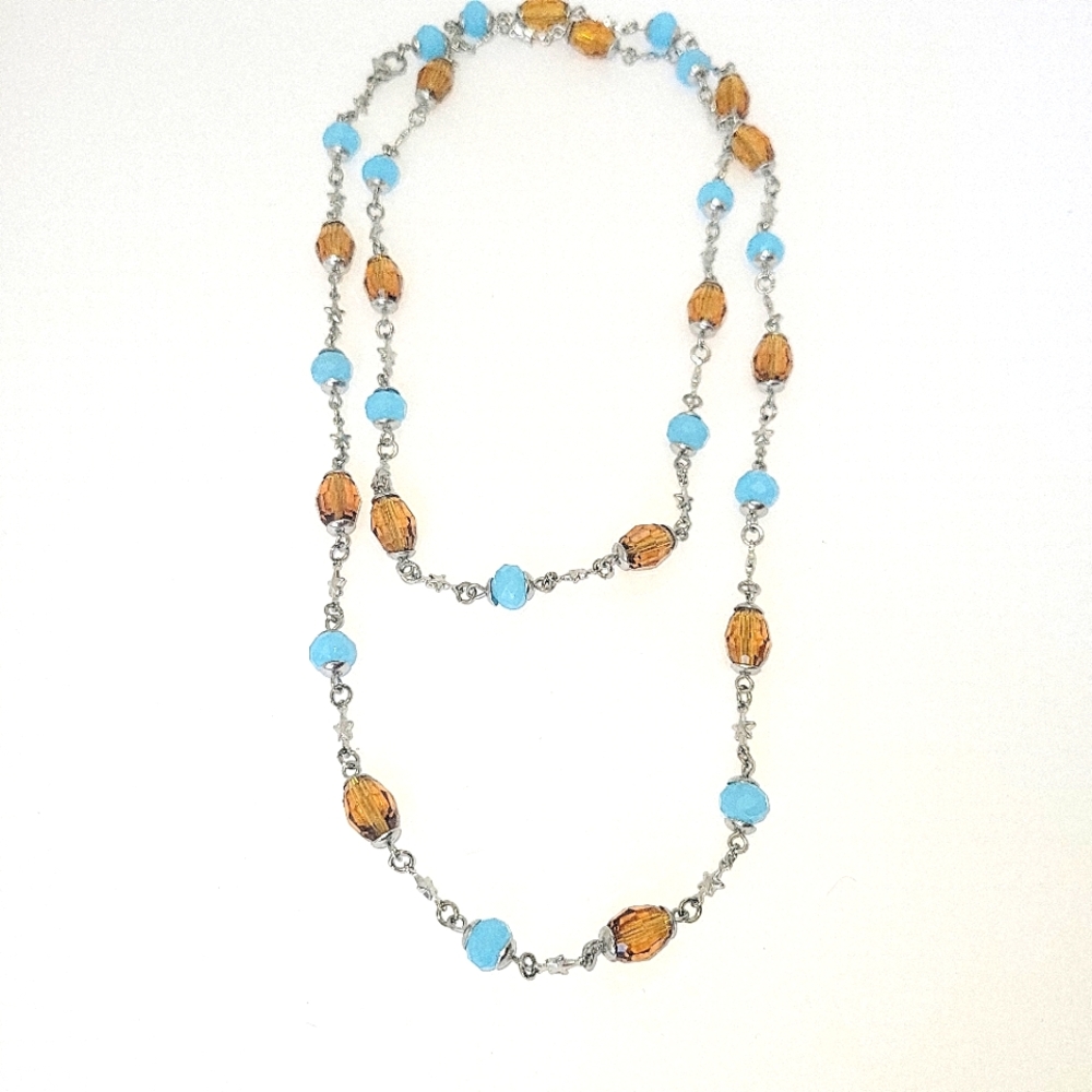 Blue Turquoise Brown Faceted Bead,Station Necklace w/ Stainless Steel Star Chain